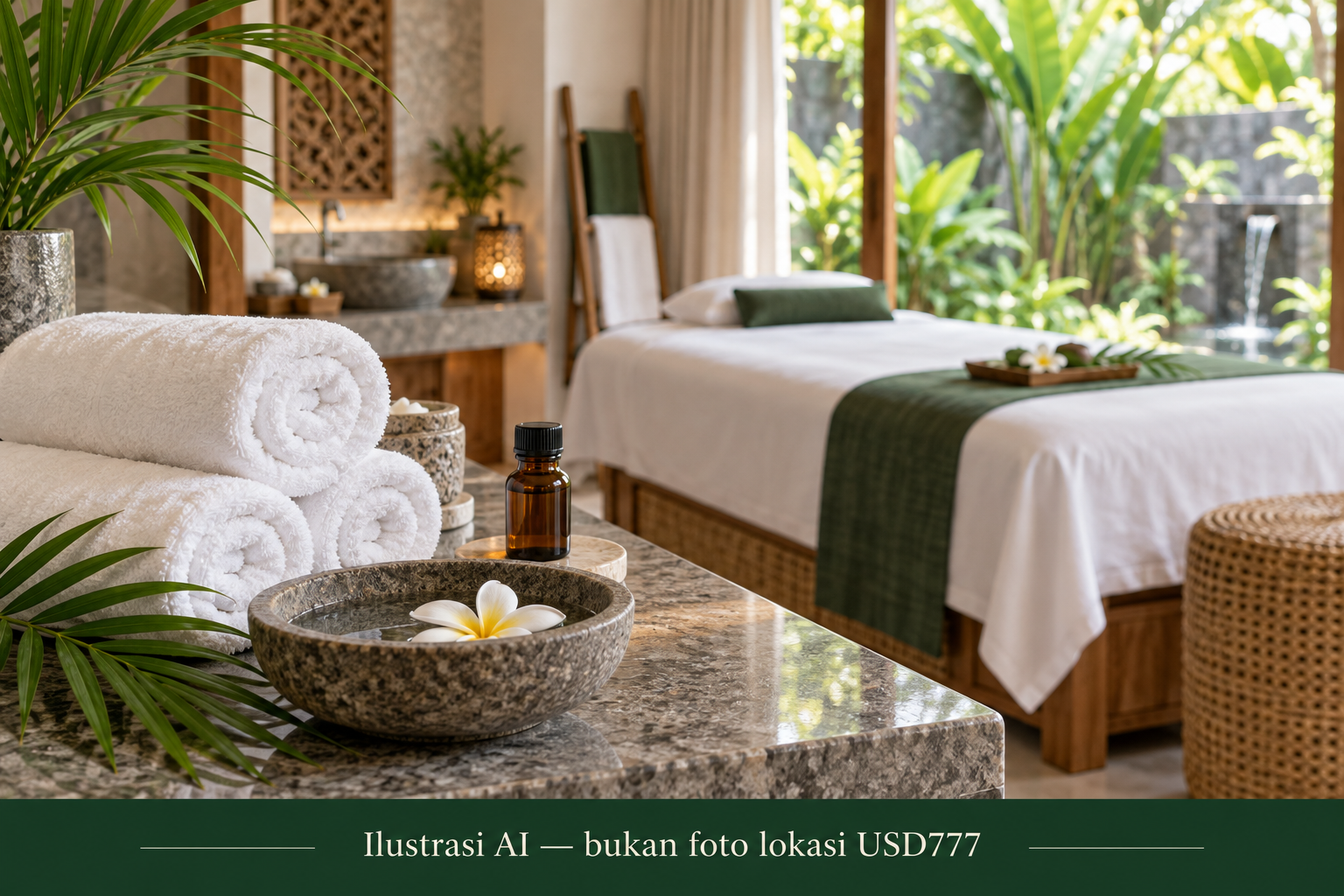 Ilustrasi AI ruang spa tropis dengan tempat perawatan, handuk putih, minyak aromaterapi, dan bunga kamboja.